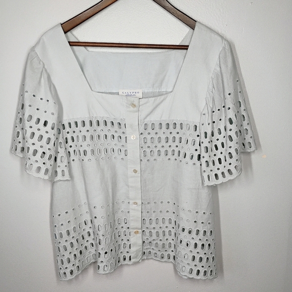 Calypso St. Barth Eyelet Top Womens Large Light Blue Flutter Sleeve Vacation - Picture 11 of 11